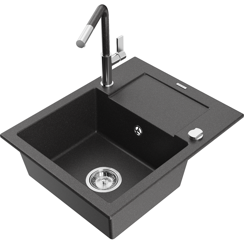 Mexen Enzo гранитна мивка с 1 мивка и отцедник с кухненски смесител Flora, черен на точки - 6506-76-670401-08