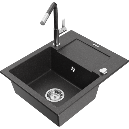 Mexen Enzo гранитна мивка с 1 мивка и отцедник с кухненски смесител Flora, черен на точки - 6506-76-670401-08
