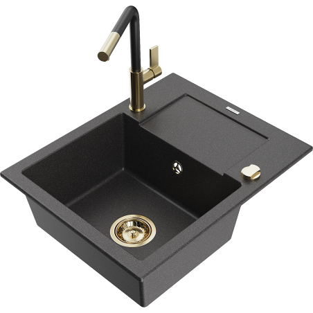 Mexen Enzo кухненска мивка от гранит с 1 корито с отцедник и кухненски смесител Flora, черен напръскан - 6506-76-670401-57-G