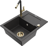 Mexen Enzo кухненска мивка от гранит с 1 корито с отцедник и кухненски смесител Flora, черен напръскан - 6506-76-670401-57-G