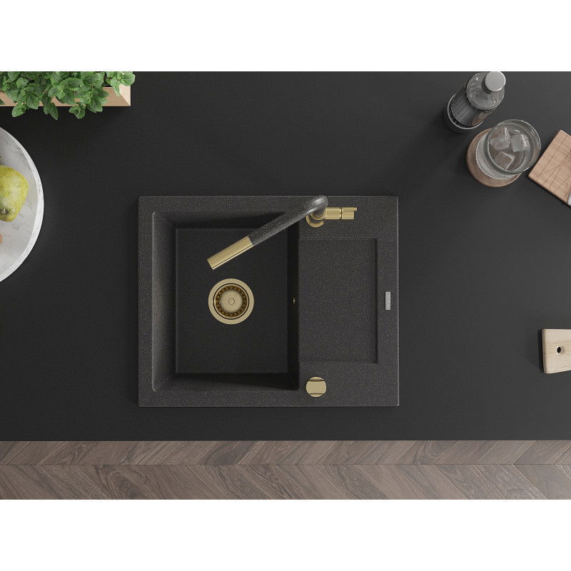 Mexen Enzo гранитна мивка с 1 корито, с отцедник и кухненски смесител Flora, черен на пръски - 6506-76-670401-75-G