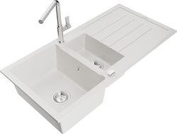 Mexen Andres гранитна мивка с 1,5 камерно отделение, с капкоуловител и кухненски смесител Flora, бял - 6515-20-670401-00