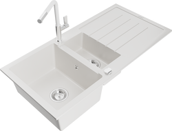 Mexen Andres гранитна мивка 1,5-камерна с отцедник и кухненски смесител Flora, бял - 6515-20-670401-02