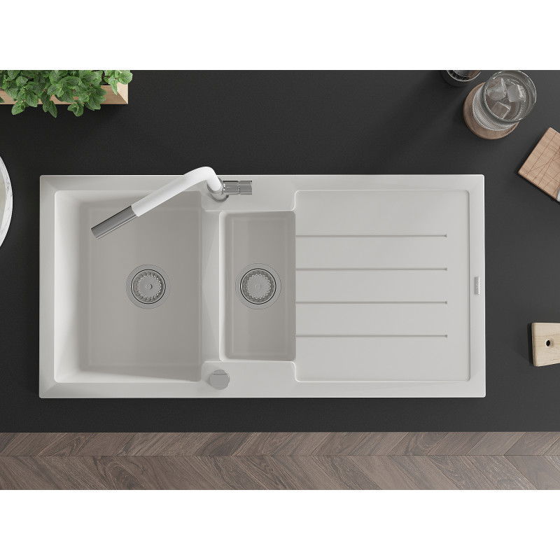 Mexen Andres гранитна мивка 1,5-камерна с отцедник и кухненски смесител Flora, бял - 6515-20-670401-02