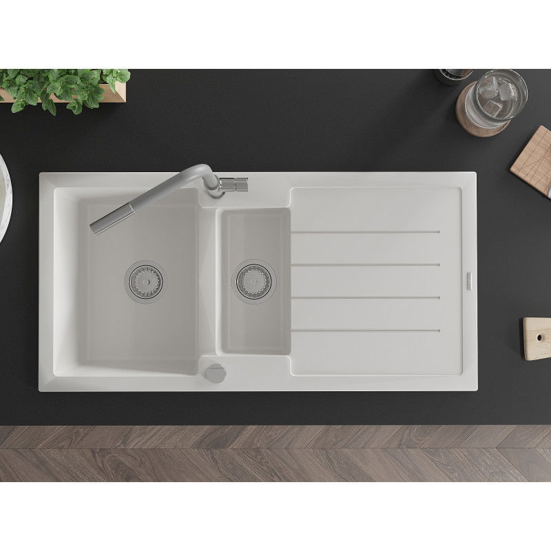 Mexen Andres гранитна мивка 1,5-камерна с отцедник и кухненски смесител Flora, бял - 6515-20-670401-06
