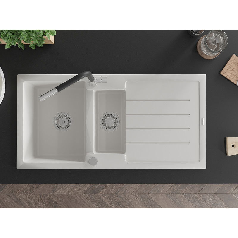 Mexen Andres гранитна мивка с 1,5 камери и дренаж и кухненски смесител Flora, бял - 6515-20-670401-07