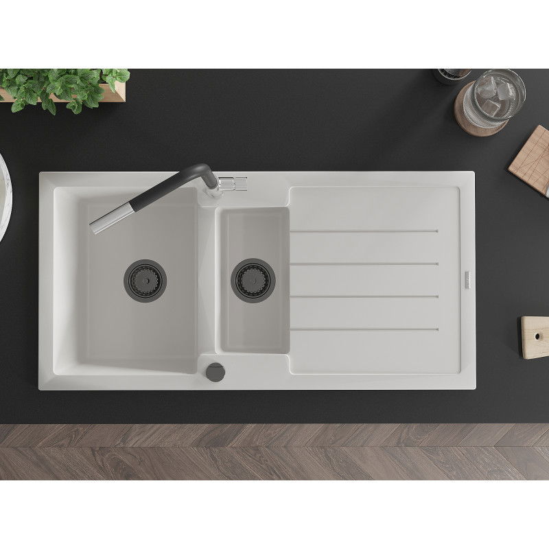 Mexen Andres гранитна мивка с 1,5 камери с отцедник и кухненски смесител Flora, бял - 6515-20-670401-07-B