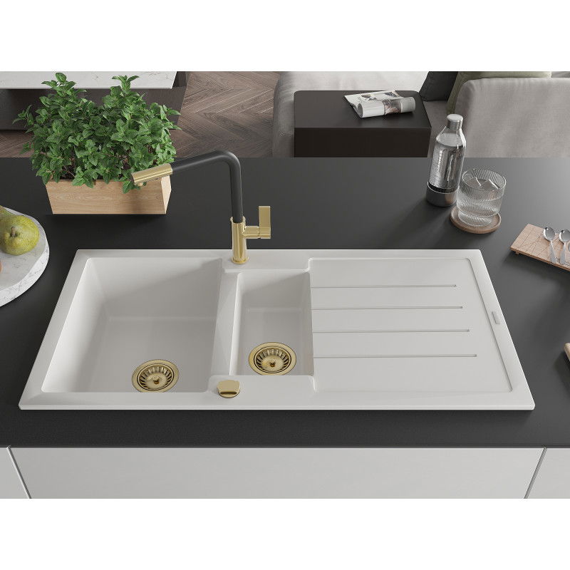 Mexen Andres гранитна мивка 1,5-коморна с отцедник и кухненски смесител Flora, бял - 6515-20-670401-57-G
