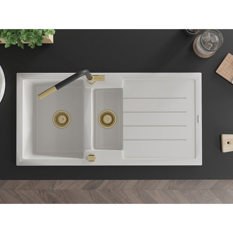 Mexen Andres гранитна мивка 1,5-коморна с отцедник и кухненски смесител Flora, бял - 6515-20-670401-57-G