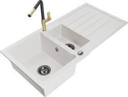 Mexen Andres гранитна мивка 1,5-корпусна с отцедник и кухненски смесител Flora, бяла - 6515-20-670401-57-B