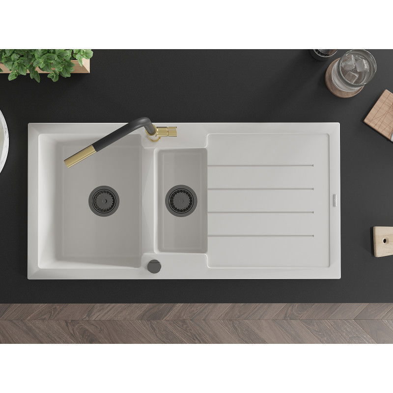 Mexen Andres гранитна мивка 1,5-корпусна с отцедник и кухненски смесител Flora, бяла - 6515-20-670401-57-B
