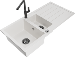 Mexen Andres гранитна мивка 1,5-камера с отцедник и кухненски смесител Flora, бял - 6515-20-670401-70-B