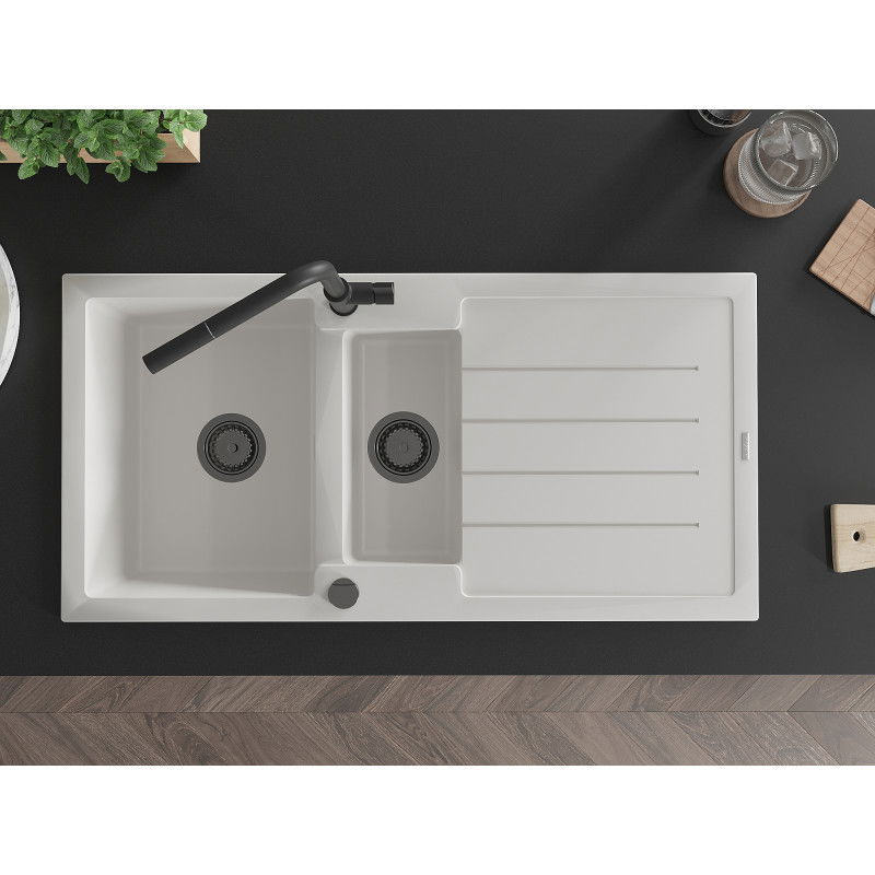 Mexen Andres гранитна мивка 1,5-камера с отцедник и кухненски смесител Flora, бял - 6515-20-670401-70-B