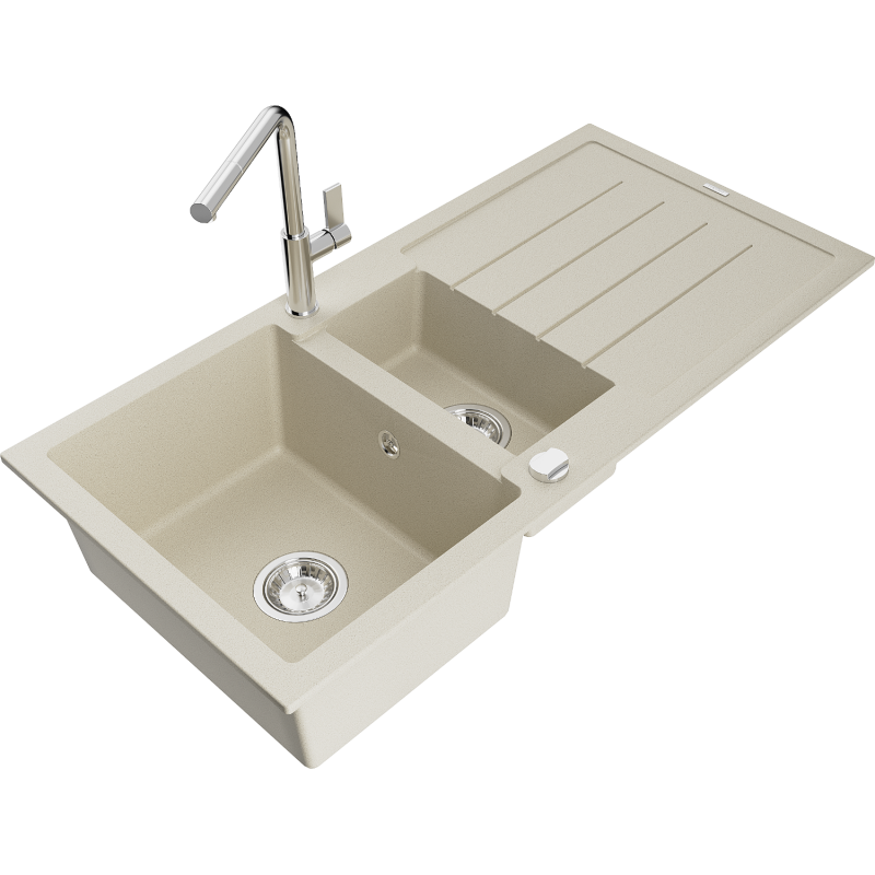 Mexen Andres гранитна мивка 1,5-камерна с отцедник и кухненски смесител Flora, бежов - 6515-69-670401-00