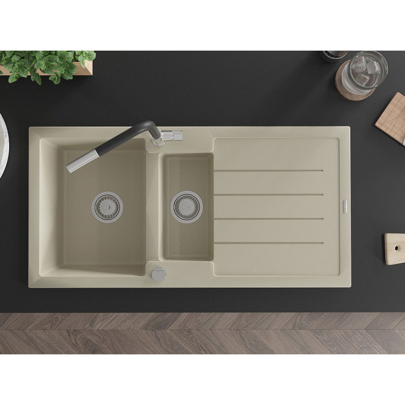 Mexen Andres гранитна мивка с 1,5 камери с отцедливник и кухненски смесител Flora, бежов - 6515-69-670401-07