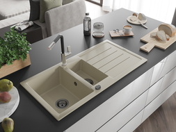 Mexen Andres гранитна мивка 1,5-коморна с отцедник и кухненски смесител Flora, бежов - 6515-69-670401-07-B