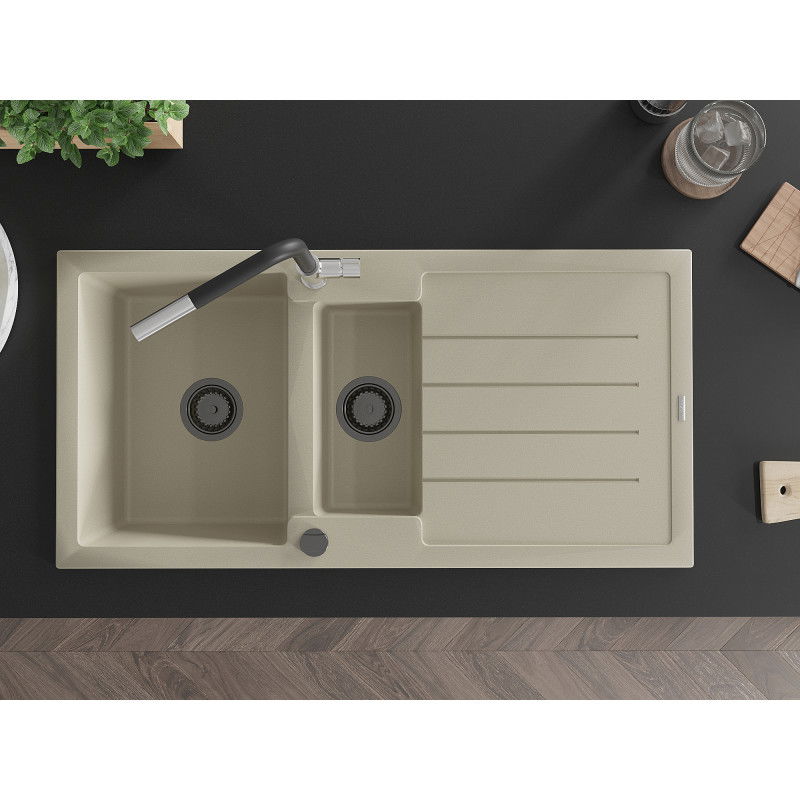 Mexen Andres гранитна мивка 1,5-коморна с отцедник и кухненски смесител Flora, бежов - 6515-69-670401-07-B