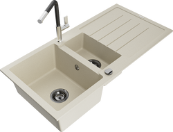 Mexen Andres гранитна мивка 1,5-коморна с отцедник и кухненски смесител Flora, бежов - 6515-69-670401-07-B