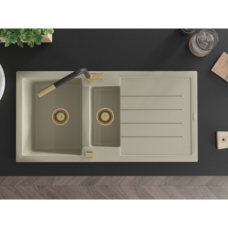 Mexen Andres гранитна мивка 1,5-коморна с отцедник и кухненски смесител Flora, бежов - 6515-69-670401-57-G
