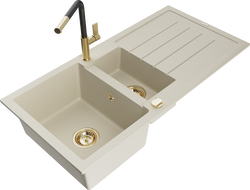 Mexen Andres гранитна мивка 1,5-коморна с отцедник и кухненски смесител Flora, бежов - 6515-69-670401-57-G