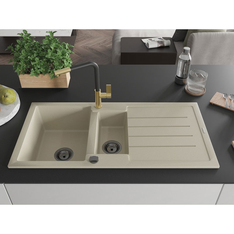 Mexen Andres гранитна мивка 1,5-камерна с отцедник и кухненски смесител Flora, бежов - 6515-69-670401-57-B