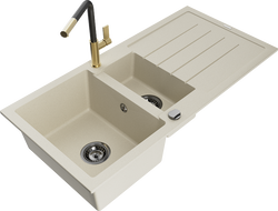 Mexen Andres гранитна мивка 1,5-камерна с отцедник и кухненски смесител Flora, бежов - 6515-69-670401-57-B