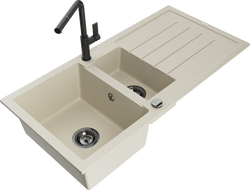 Mexen Andres гранитна мивка с 1,5 камери с отцедник и кухненски смесител Flora, бежов - 6515-69-670401-70-B