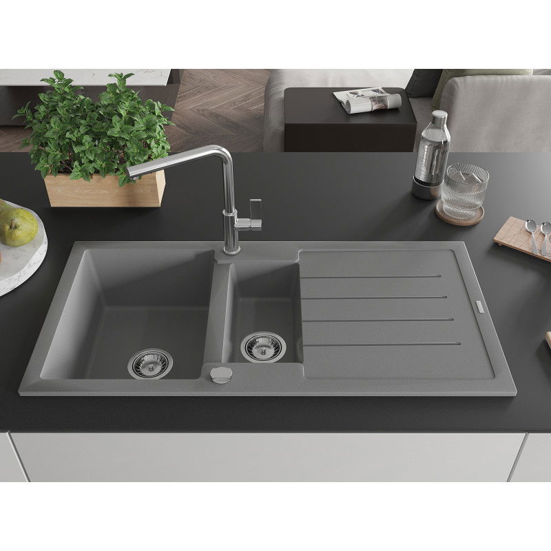 Mexen Andres гранитна мивка с 1,5 камери с отцедник и кухненски смесител Flora, сив - 6515-71-670401-00