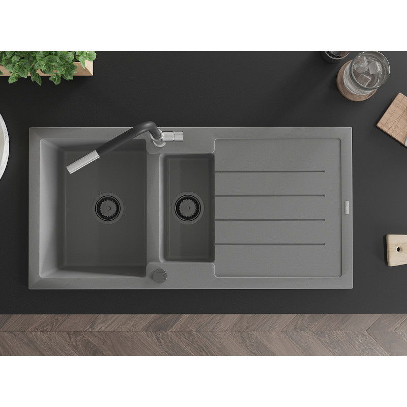 Mexen Andres гранитна мивка 1,5-камерна с отцедник и кухненски смесител Flora, сив - 6515-71-670401-07-B