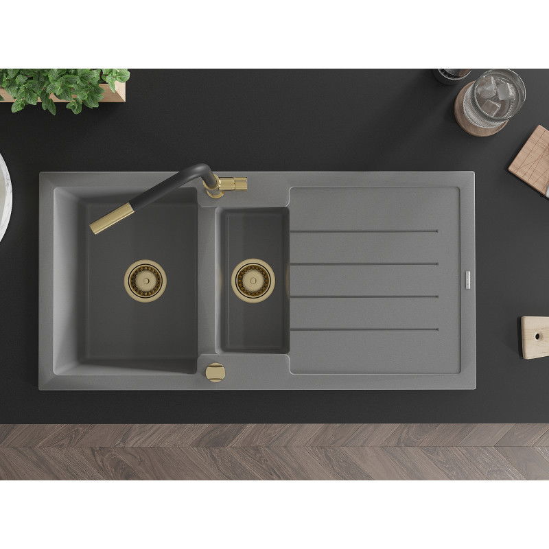 Mexen Andres гранитна мивка 1,5-коморна с отцедник и кухненски смесител Flora, сива - 6515-71-670401-57-G