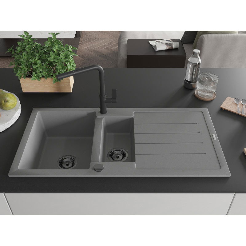 Mexen Andres гранитна мивка 1,5-камерна с отцедник и кухненски смесител Flora, сив - 6515-71-670401-70-B