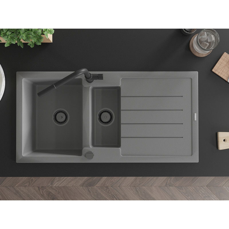 Mexen Andres гранитна мивка 1,5-камерна с отцедник и кухненски смесител Flora, сив - 6515-71-670401-70-B