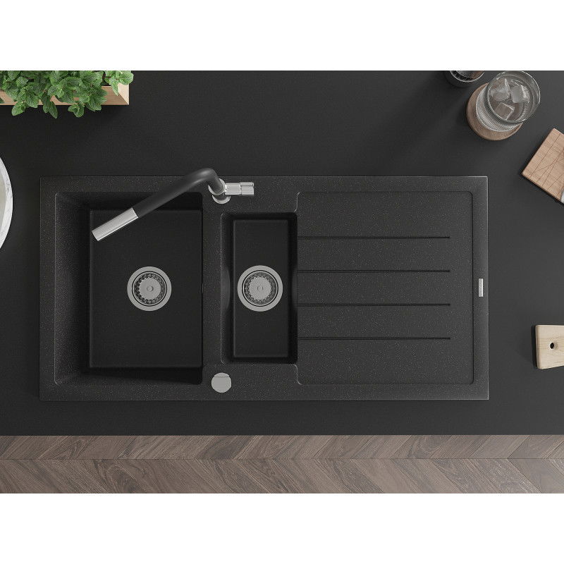 Mexen Andres гранитна мивка 1,5-коморна с отцедник и кухненски смесител Flora, черен/сребърен - 6515-73-670401-07