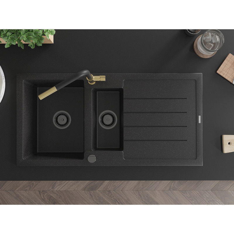 Mexen Andres гранитна мивка с 1,5 камери с отцедник и кухненски смесител Flora, черно/сребърно - 6515-73-670401-57-B