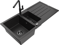 Mexen Andres гранитна мивка 1,5-камерна с отцеждащо устройство и кухненски смесител Flora, черно/сребърно - 6515-73-670401-70-B