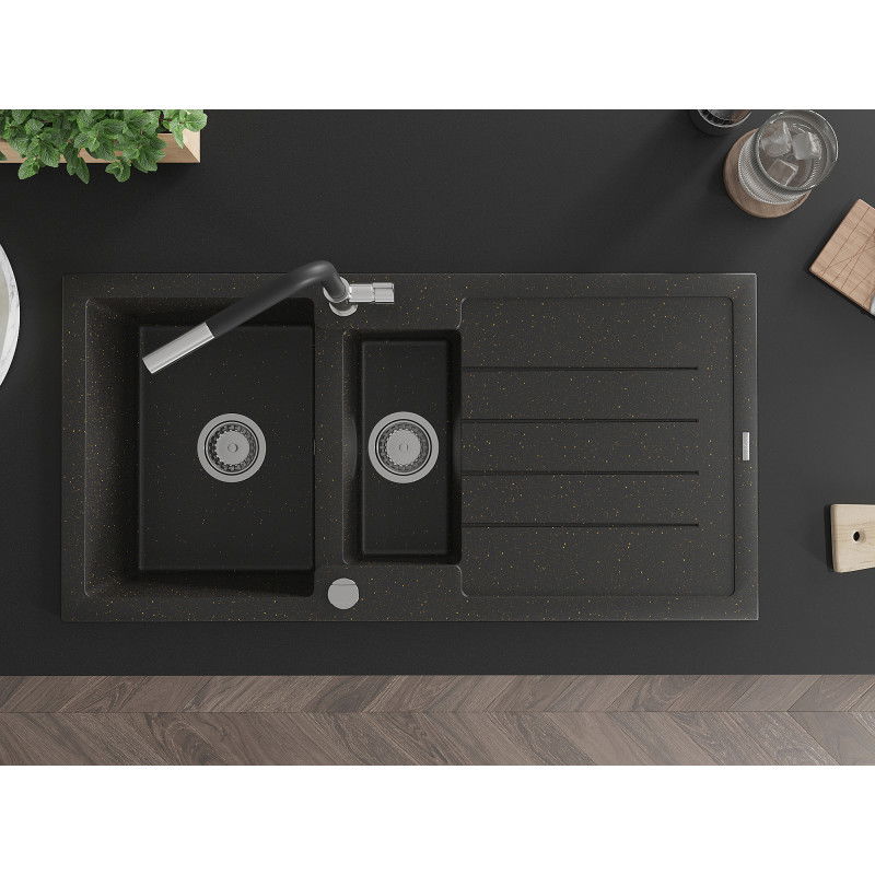 Mexen Andres гранитна мивка 1,5-камерна с отцедник и кухненски смесител Flora, черен/златен металик - 6515-75-670401-07