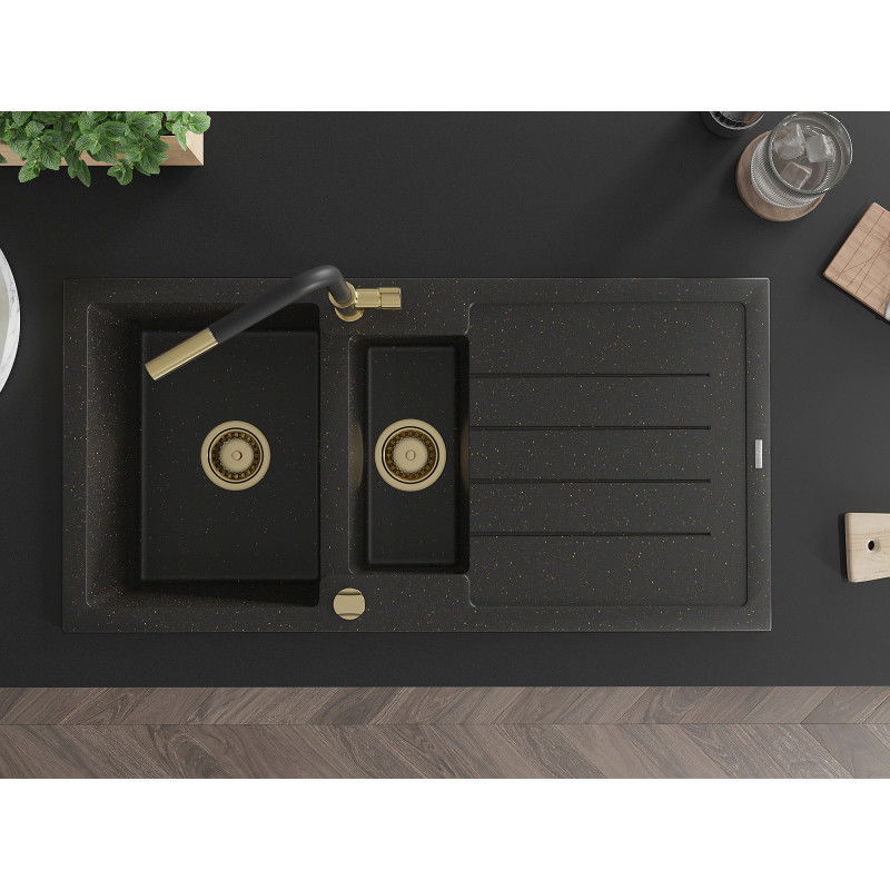 Mexen Andres гранитна мивка с 1,5 камери със сушилник и кухненски смесител Flora, черен/златен - 6515-75-670401-57-G