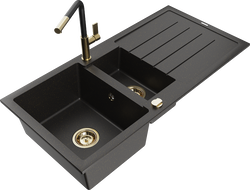 Mexen Andres гранитна мивка с 1,5 камери със сушилник и кухненски смесител Flora, черен/златен - 6515-75-670401-57-G