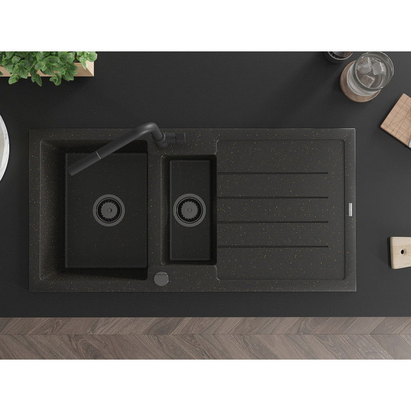 Mexen Andres гранитна мивка с 1,5 камери с отцедник и кухненски смесител Flora, черна/златна - 6515-75-670401-70-B