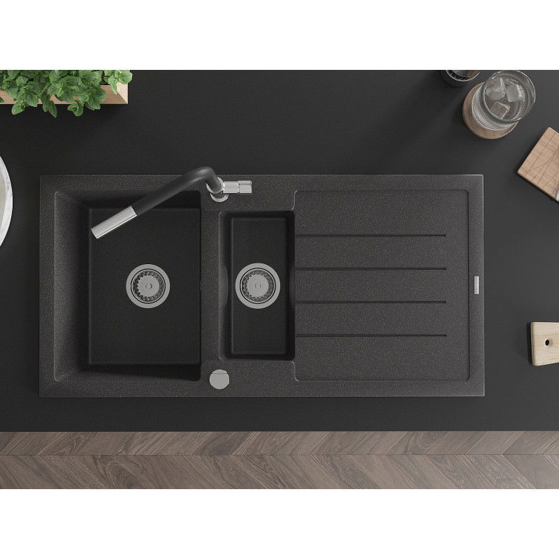 Mexen Andres гранитна мивка 1,5-камерна с отцедник и кухненски смесител Flora, черна на капки - 6515-76-670401-07