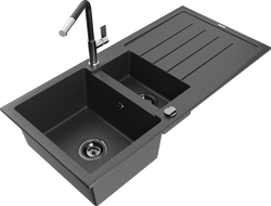 Mexen Andres гранитна мивка с 1,5 камери, с отцедник и кухненски смесител Flora, черен с пръски - 6515-76-670401-07-B