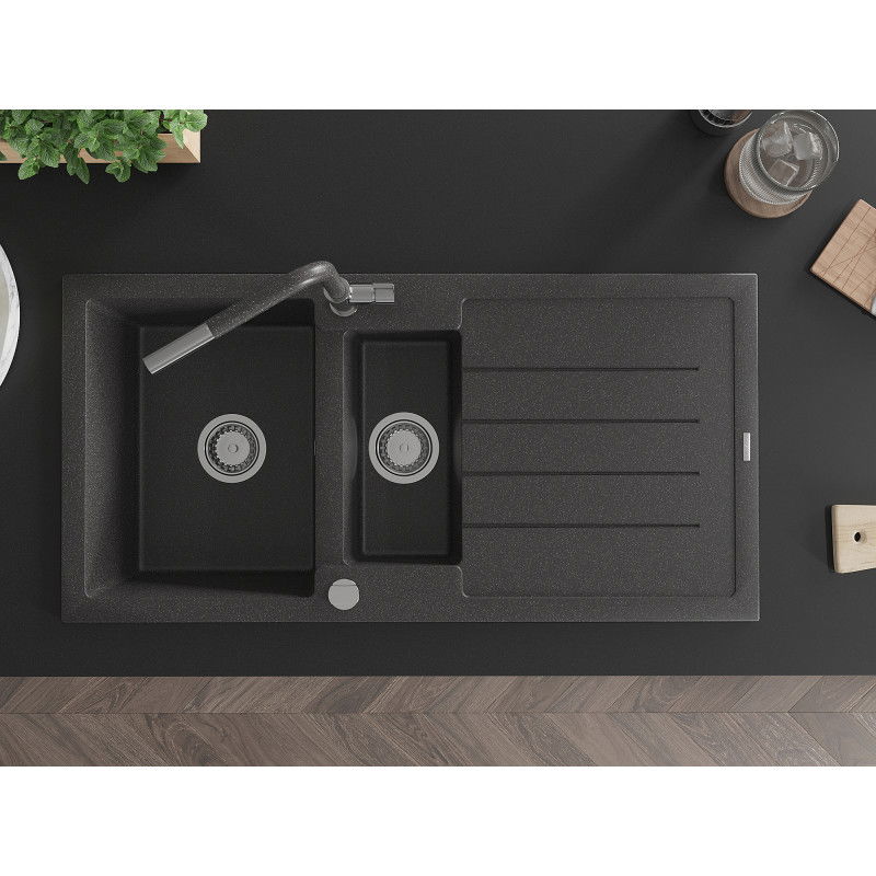 Mexen Andres гранитна мивка с 1,5 камери с отцедник и кухненски смесител Flora, черен петнист - 6515-76-670401-08