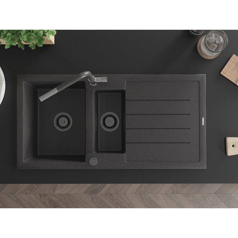 Mexen Andres гранитна мивка с 1,5 камери, с отцедник и кухненски смесител Flora, черен на пръски - 6515-76-670401-08-B