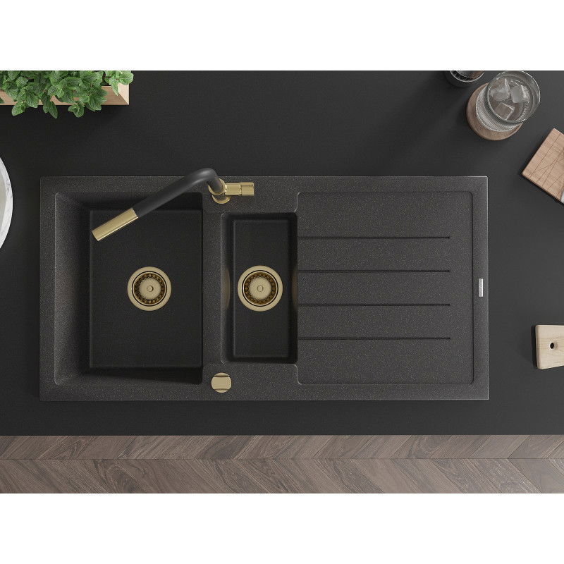 Mexen Andres гранитна мивка 1,5-коморна с отцедник и кухненски смесител Flora, черно с пръски - 6515-76-670401-57-G