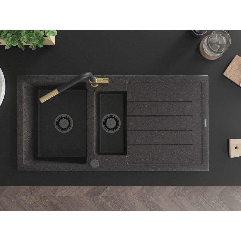Mexen Andres гранитна мивка 1,5-камерна с отцедник и кухненски смесител Flora, черен на пръски - 6515-76-670401-57-B