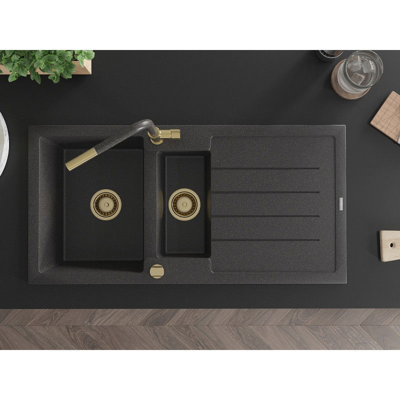 Mexen Andres гранитна мивка с 1,5 камери, с отцедник и кухненски смесител Flora,