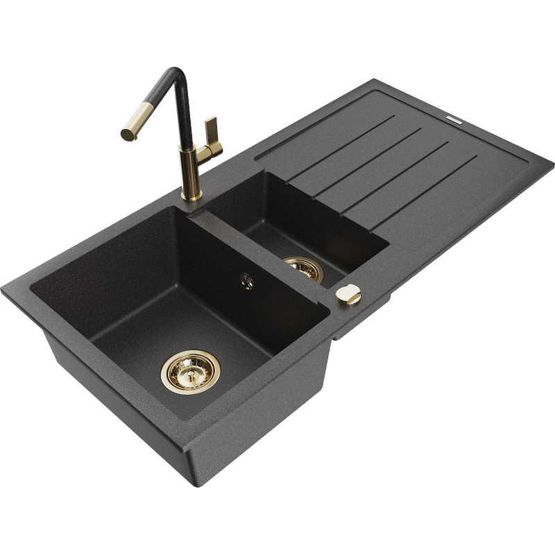 Mexen Andres гранитна мивка с 1,5 камери, с отцедник и кухненски смесител Flora,