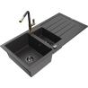 Mexen Andres гранитна мивка с 1,5 корита и отцедник, с кухненски смесител Flora, черен на пръски - 6515-76-670401-75-B