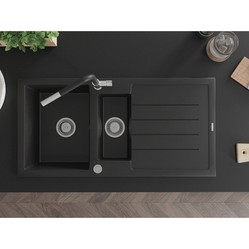 Mexen Andres гранитна мивка с 1,5 камери с плота и кухненски смесител Flora, черен - 6515-77-670401-07