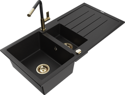 Mexen Andres гранитна мивка с 1,5 камери с отцедник и смесител Flora, черен - 6515-77-670401-57-G